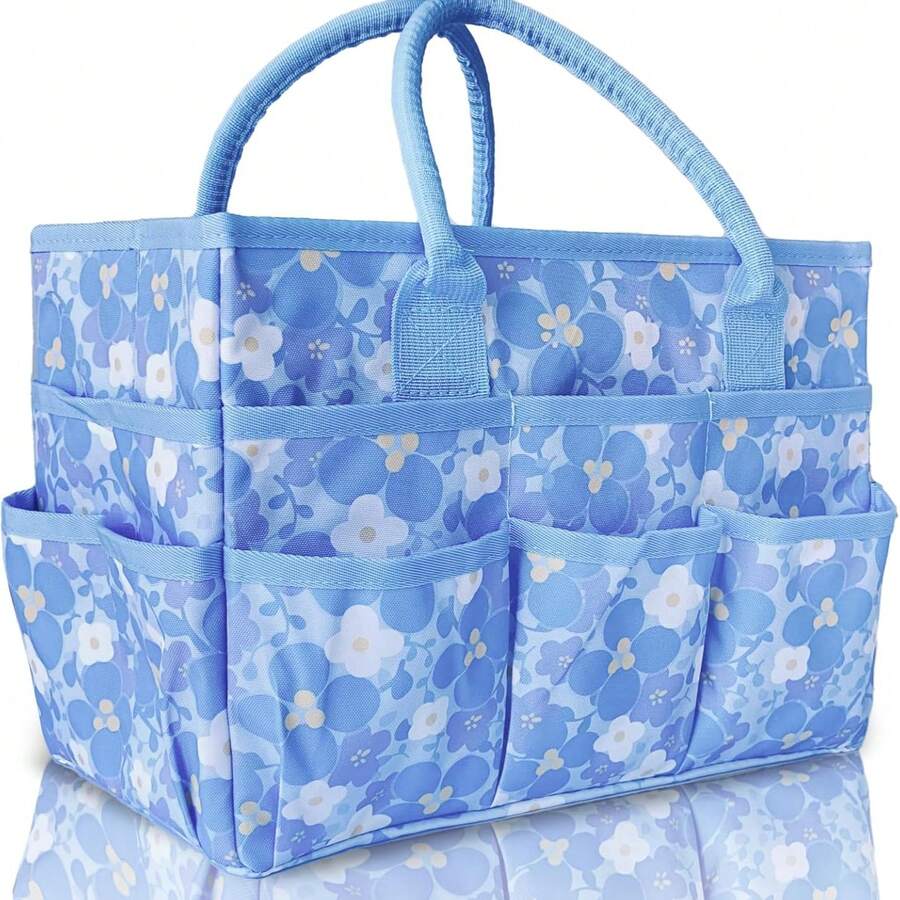 Small Blue Flower Oxford Cloth Tote Bag With Pockets And Handles, Suitable For Teachers, Officials, Artists, Travelers, Etc.