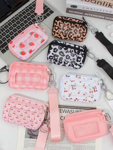 1 件装可爱樱桃印花零钱包迷你豹纹腕带零钱包少女草莓印花口红收纳袋便携旅行身份证收纳袋多层银行卡收纳袋运动腕带包小型耳机收纳袋可爱格纹钥匙包带拉链可拆卸肩带尼龙腕包婚礼伴娘礼物妈妈礼物女孩生日礼物适合旅行和日常使用
