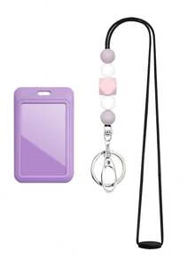1pc Purple ID Card Holder Set With Neck Strap Lanyard Cute Breakaway Teacher Lanyard With Silicone Beaded For Keys Keychain Great Gift For Women Girlfriend Employees Teacher Nurses And Students Wallet Mini Wallet Purse Wallet Wristlet Wallet Card Wallet