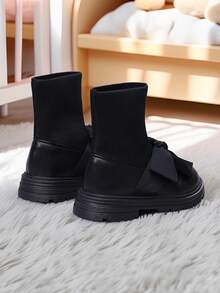 1 双黑色舒适柔软儿童靴子，时尚女童鞋，校园风格漆皮儿童踝靴，蝴蝶结女童鞋 - 黑色 - 查看 3