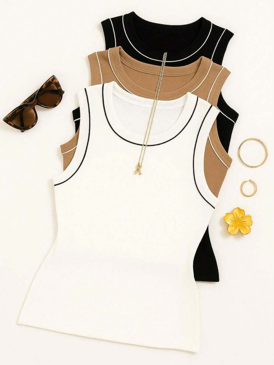 Women's Ribbed Tank Top With Detail - Elegance And Comfort - 棕色,黑色和白色 - 查看 1