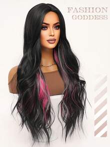 clouder Black Highlight Pink Extra Long Curly Wig 30 Inch Cosplay Wig Halloween Christmas Wig Elegant Soft Matte Hair Loose Curls Casual Outing Street Punk Wig Rock Wig Fluffy Natural Cool Girl Synthetic Heat-Resistant Fiber Wig Suitable For Women Daily Party Wig Music Festival Wig Avant-Garde College Style Wig Modern Fashion Gothic Wig - 彩色 - 查看 12