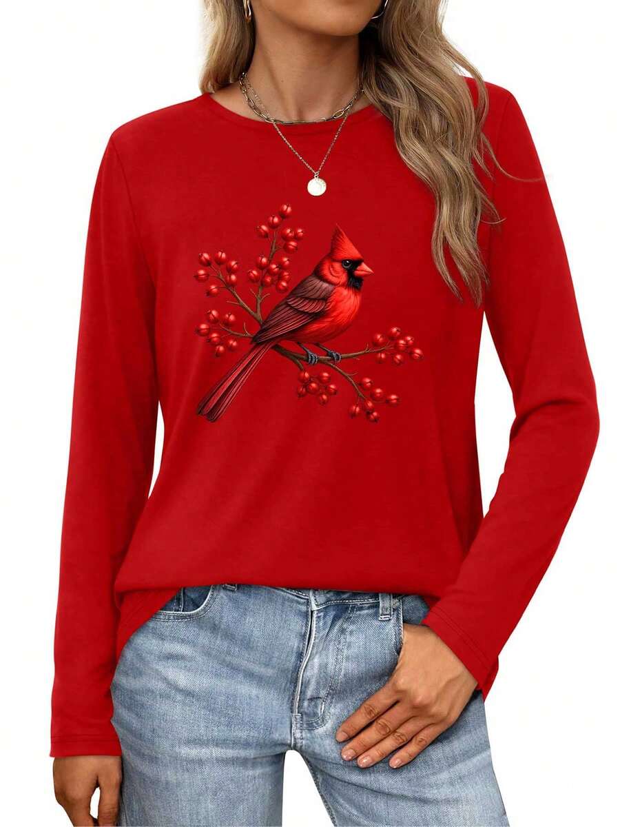 A Red Cardinal Perched On A Branch With Berries, Symbolizing Winter BeautyWomens Long-Sleeve Crewneck T-Shirt - Đỏ - Xem 1