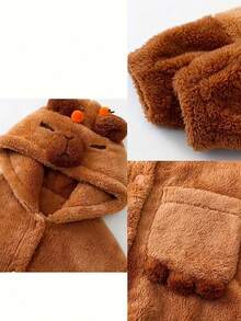 女士珊瑚绒连帽卡通浴袍，温暖厚实的冬季睡衣 - 鏽棕色 - 查看 9