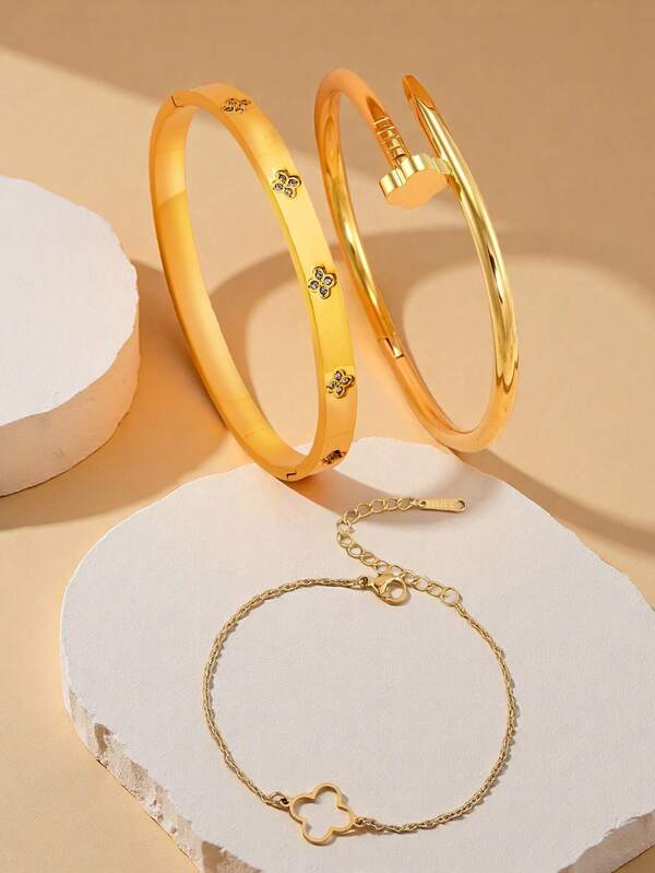 1 pieza/3 piezas Brazalete de acero inoxidable, pulido espejo, recubierto al vacío, sin decoloración, estilo clásico de moda, adecuado para uso diario, accesorio de joyería dorada, decoración de pulsera para mujer, joyería de acero inoxidable para mujer