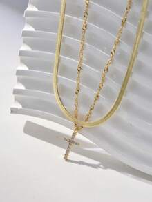 Tkool 2pcs/Set Stainless Steel Flat Blade Chain & Cross Pendant Necklace Set, Suitable For Women's Daily Wear - Yellow Gold - View 2