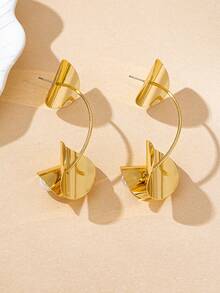 1 对时尚不对称几何金属金吊坠耳环，适合女性日常和派对装扮 - 金黃色 - 查看 3