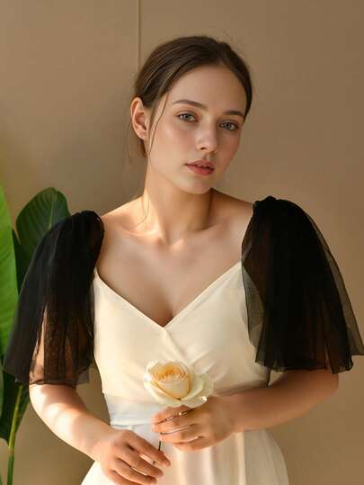 1 par de chal nupcial negro corto, capa de hombros de tul esponjoso, adecuado para boda, fiesta, vestido de tirantes, accesorios de fotografía para vestido de novia, desmontable