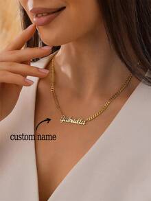1Pc Personalized Stainless Steel Name Necklace With Cuban Chain,Minimalist Name Necklace,Daily Custom Text Necklace Ornaments For Her,Anniversary Gift, Birthday Gift, Christmas Gift