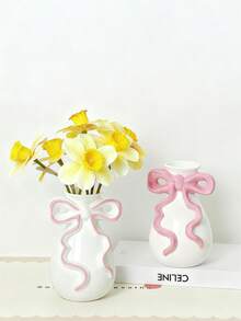 可爱的粉色蝴蝶结陶瓷花瓶，精致的家居装饰，卧室桌面摆件，浪漫的花卉摆设，时尚的中心装饰品，也适用于客厅、梳妆台或架子——为您的空间增添迷人、甜蜜和时尚的氛围。 - 彩色 - 查看 5