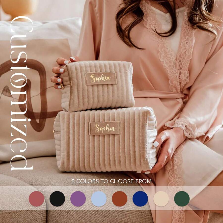 Personalized Velvet Cosmetic Bag Customized Travel Toiletry Bag Bridesmaid Proposal Gift Bridal Makeup Bag Monogram Birthday Gift Pouch