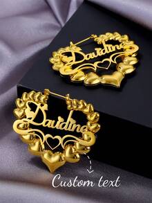 Anting Hoop Bambu Nama Kustom 50mm, Anting Nama Perhiasan Personalisasi, Hadiah Ulang Tahun Berbentuk Hati untuk Wanita - Gadis-gadis Fiolex Hati Gelembung Emas - View 2