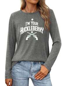 I'm Your Huckleberry  A Western Revolver Graphic Womens Long-Sleeve Crewneck T-Shirt - 灰色 - 查看 1