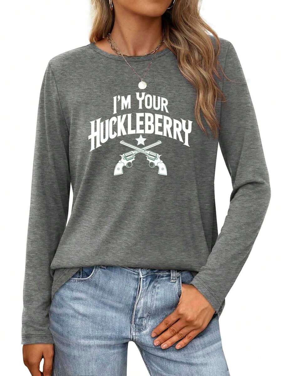 I'm Your Huckleberry  A Western Revolver Graphic Womens Long-Sleeve Crewneck T-Shirt - 灰色 - 查看 1