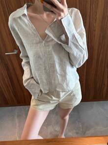 女士拉链条纹翻领衬衫，宽松优雅上衣，简约休闲开衫上衣 - 黑色 - 查看 4