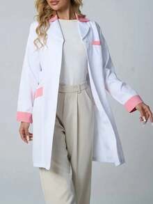 Long Sleeve Woven Fabric Laboratory Coat, Shirt Collar, Mid-Length, Button Details And Pockets