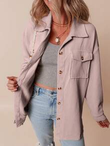 Acelitt Damen Winter Einfarbiges Cord Retro Stil Lässige Locker Kragen Hemd Jacke