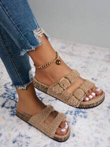 女士舒适露趾拖鞋，休闲步行鞋 - 适合室内外使用，舒适百搭平底凉鞋 - 棕色 - 查看 3