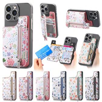 1pc Floral Painted Phone Case With Card Slot, PU Leather Back Sticker, Portable Zipper Wallet, Desktop Stand Function