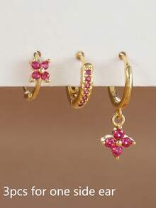 Bộ 3 khuyên tai hoa Zirconia bốn cánh dành cho nữ, khuyên tai tròn xoắn ốc mạ vàng 18K không gây dị ứng, khuyên tai xỏ khuyên sụn dùng hàng ngày - Vàng-18 - Xem 3