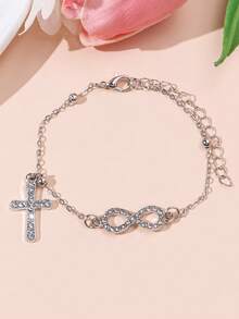 1pc Elegant Rhinestone Cross & Infinity Symbol Pendant Bracelet Chain For Women