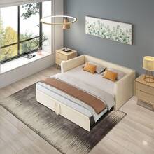 2-In-1 Upholstered Sofa Bed, 90*180*200 Cm, With Slatted Frame, Backrest, And Armrests, Covered In Skin-Friendly Velvet, Beige, Foldable Design With Pull-Out Bed Frame, Suitable For Apartments And Guest Rooms - 米色 - 查看 3