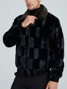 男士长袖连体仿皮草外套 冬季保暖秋季户外休闲日常穿着 - 黑色 - 查看 5