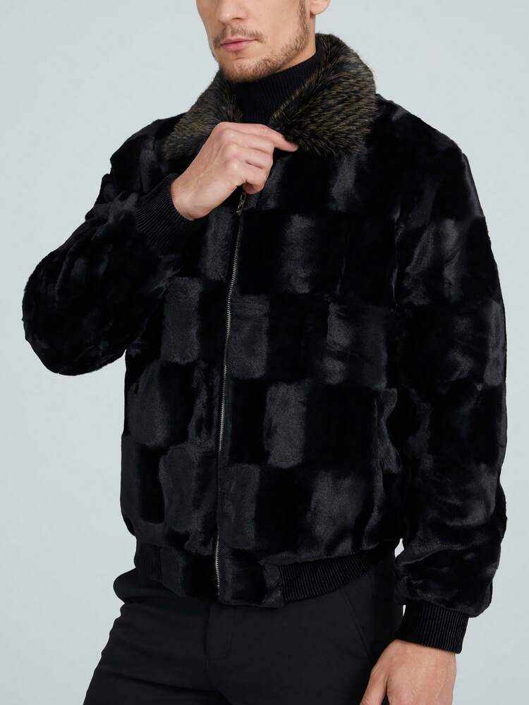 Men's Long Sleeve Faux Fur Jumpsuit Jacket, Warm For Outdoor Casual Wear In Autumn & Winter - Black - View 4
