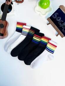 3 pares de calcetines a rayas de colores del arcoíris, calcetines transpirables de media pantorrilla, estilo callejero, adecuados para primavera, otoño e invierno