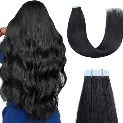 CEXXY Extensiones de cabello humano brasileño liso con cinta adhesiva, 100 % cabello humano Remy, sin costuras, naturales, invisibles, con trama de piel, largas, suaves y sedosas, para cabello fino o grueso, reutilizables, resistentes al calor para mujeres, de 40 a 60 cm, autoadhesivas, calidad de salón.