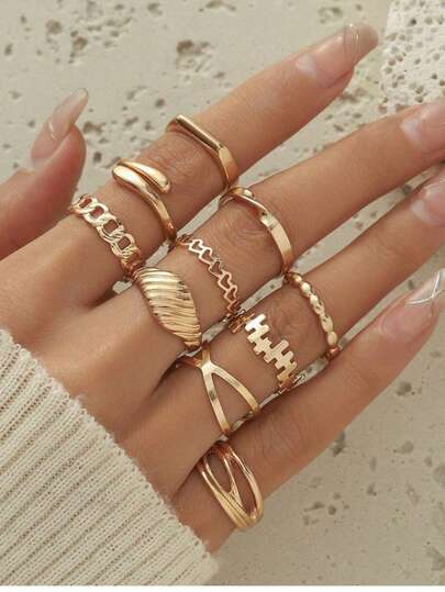 Set de 10 anillos de apertura asimétrica dorados, anillos de nudillo personalizados únicos adecuados para el uso diario de las mujeres