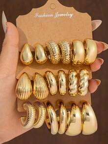 6/18件套厚实金圈形耳环套装，低过敏性厚圆圈形耳环，多款亚克力金耳环套装，时尚百搭ins风，理想的日常佩戴礼物，送给亲朋好友 - 金色 - 查看 15