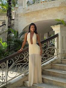 Vestido de playa, cóctel, música y festival con escote profundo en V, parches de malla, espalda descubierta y tirantes de atar para mujer