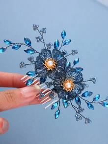 1pc Handmade Elegant Blue Flower Bridal Hair Clip, Rhinestone Headpiece Suitable For Wedding & Party