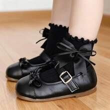 Little Girls Knee Calf Socks With Bow Tie Decor Solid Color Cute Princess Knitted Socks - Black - View 3