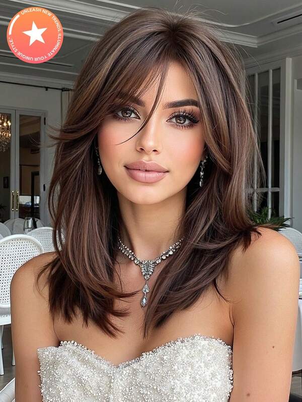 Parrucca elegante marrone dritta di media lunghezza da 14 pollici con frangia - Cuffia a rete rosa, fibra sintetica resistente al calore, parrucche per donne, per uso quotidiano, feste, cosplay, Ognissanti HOT