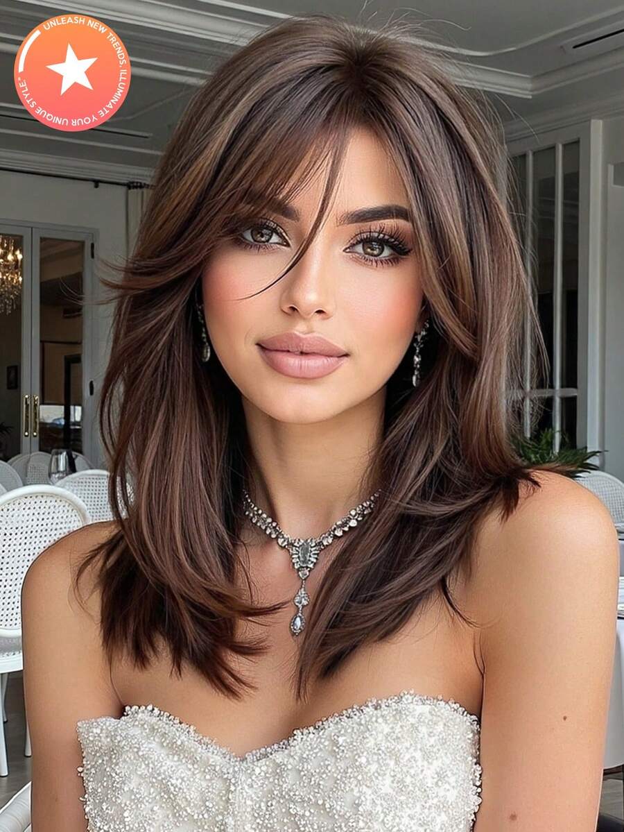 五星推荐 14 英寸优雅中长棕色直发假发，带刘海 - 玫瑰网帽，耐热合成纤维，女士假发，适合日常、派对、角色扮演、万圣节和其他场合