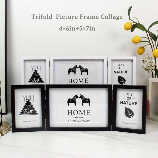 1PC Multiple Aperture Trifold White Picture Frame Collage 6 X 4 And 7 X 5 White, Multiple Aperture Black Photo Frame 10 X 15 Cm, Hinged Folding Triple Photo Frames Home Decor For Desktop Christmas Wedding Birthday Gifts For Women Mom Grandma Family, Pet Memorial Frame