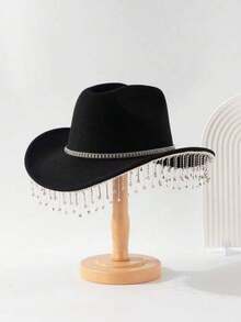 1 Stück Damen Mode Filzhut, dekoriert mit Kristall Strass Kette Gürtel, geeignet für Bankette, Jazz-Partys, Hochzeiten, Western-Themen-Partys, Unisex