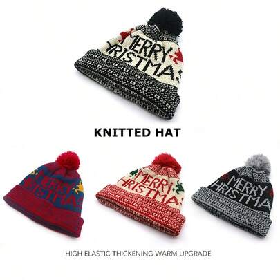 1 件圣诞节节日保暖服装帽、圣诞服装头饰、时尚圣诞圣诞老人保暖帽、带绒球的针织圣诞帽、厚弹性冬季保暖帽、混色休闲节日配饰、节日头饰、新年派对帽、圣诞格子帽