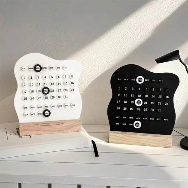 1 Pack Perpetual Calendar - DIY Desk Calendar, Wood Black White Calendar, Compact Desk Calendar For Everyday Use, Classic Design - Stylish Desktop Accessory, Perfect For Home Office Decor, Beautiful Decor To Elevate Your Workspace, For Year 2026 Calendar.