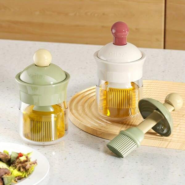 1 pieza Pincel de aceite con botella integrada - Pincel de silicona a prueba de fugas para untar, dispensador de aceite de gran capacidad para barbacoa, parrilla, horneado y camping - Herramienta de cocina de plástico duradero para bistec, huevos y cocina al aire libre, accesorios de barbacoa