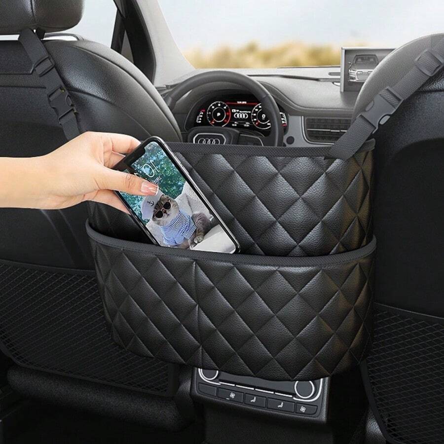 Elementos esenciales de almacenamiento para viajes, bolsa de almacenamiento para asiento de automóvil negra y caja de almacenamiento para reposabrazos, bolsillo doble de gran capacidad, almacenamiento para automóvil - Negro - Ver 1