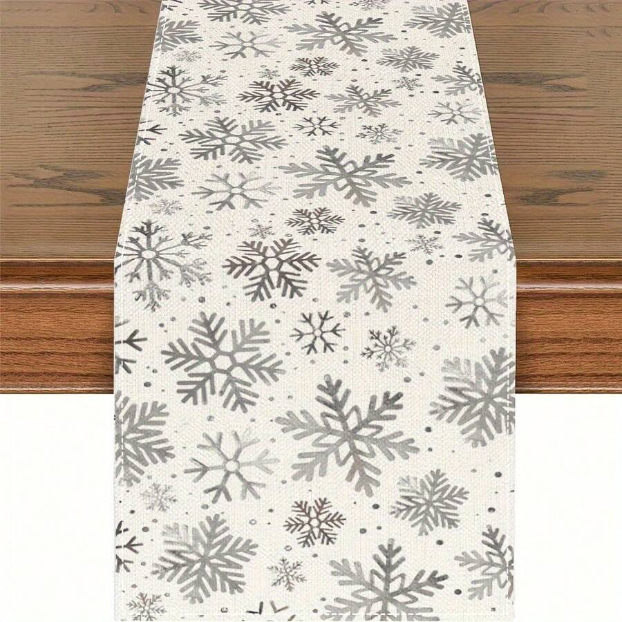 1pc Christmas Table Runner, Gray Snowflake Print, Minimalist Linen-Like Table Runner, Farmhouse Decor Cabinet Flag, Christmas, Winter Holiday Dining Table Decor, Suitable For Festivals, Weddings, Farmhouse Kitchen And Catering, Machine Washable - Grey - View 1