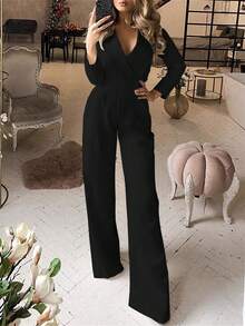 Women's Solid Color Lapel NeckLong Sleeve Pleated Pocket Casual Jumpsuit - 黑色 - 查看 6