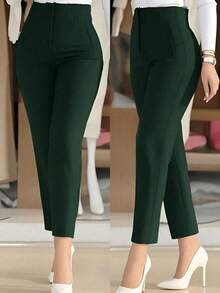 Elegant Commuter Solid Color Tied Waist Skinny 3/4 Pants - Green - View 2