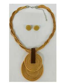 Braided Wire Necklace Set With Double Pendant + Resin Button Earrings – Sophistication In Every Detail. - Beige - View 4