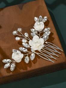 1 件手工陶瓷花和银叶新娘发梳，婚礼发饰 - 銀色 - 查看 11