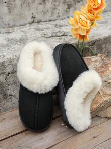 Women's Plush Comfortable Non-Slip Durable Faux Rabbit Fur Slide Slippers, Faux Suede Lining - Black - View 6