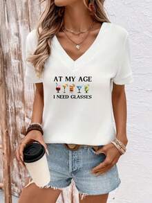 Women's V-Neck T-Shirt At My Age I Need Glasses Funny Cocktail Graphic Tee For Casual Wear, Comfortable And Stylish Top For Everyday Use - 白色 - 查看 2